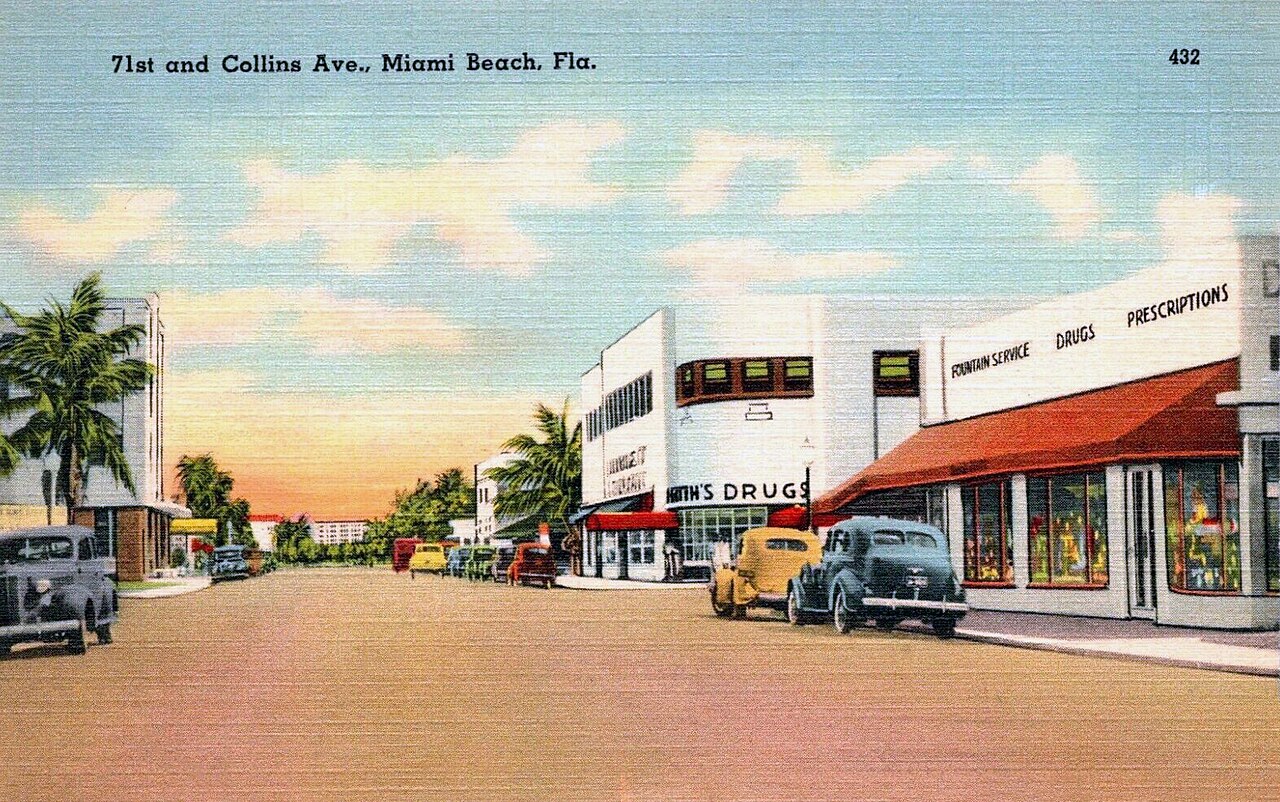 A vibrant street scene on Collins Avenue, Miami Beach, with boutique shops, palm trees, and art deco architecture, hinting at local life.
