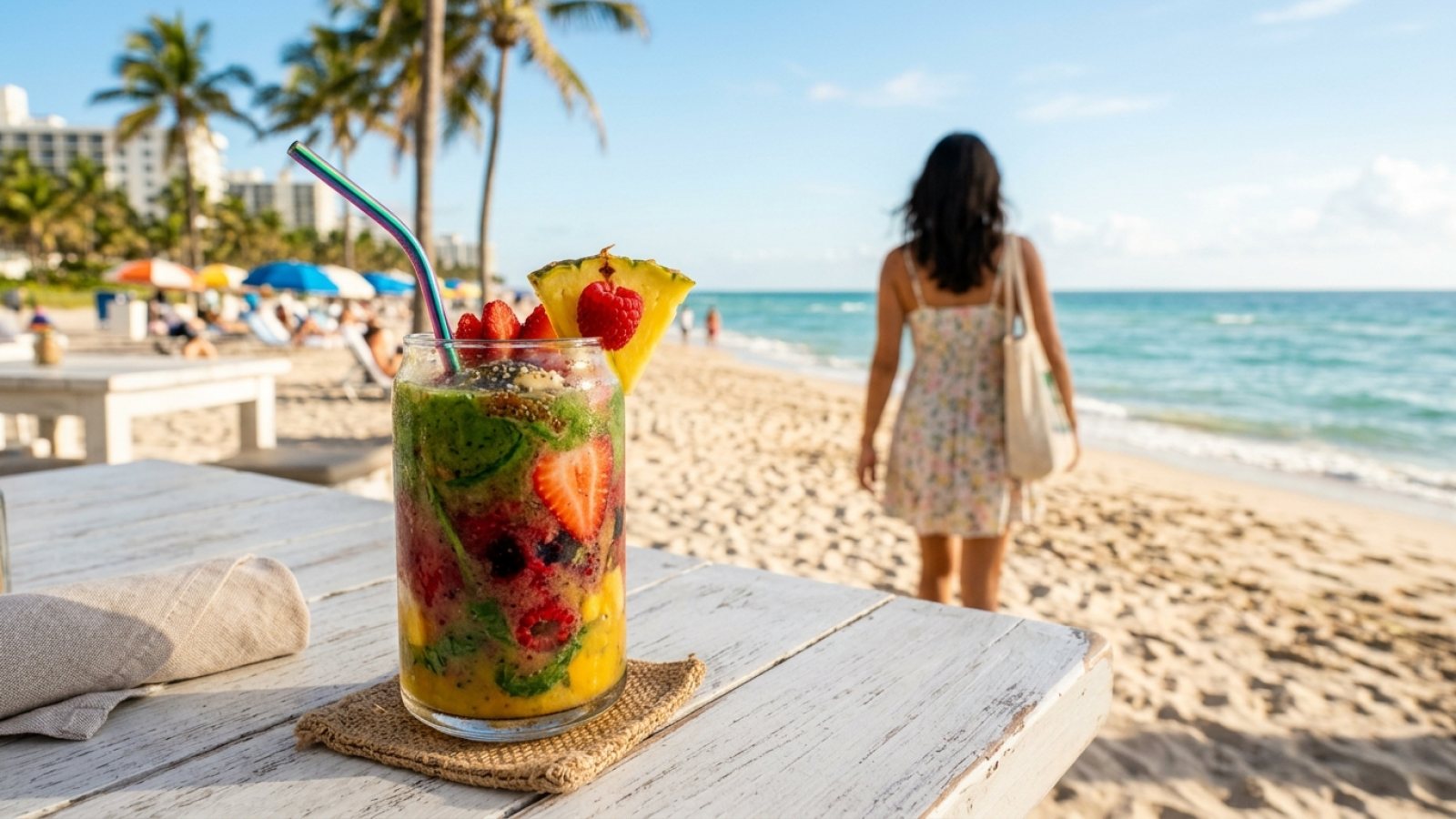 A vibrant green smoothie sits on a stylish wooden table, with the blurred background showing turquoise South Beach waters and swaying palm trees.